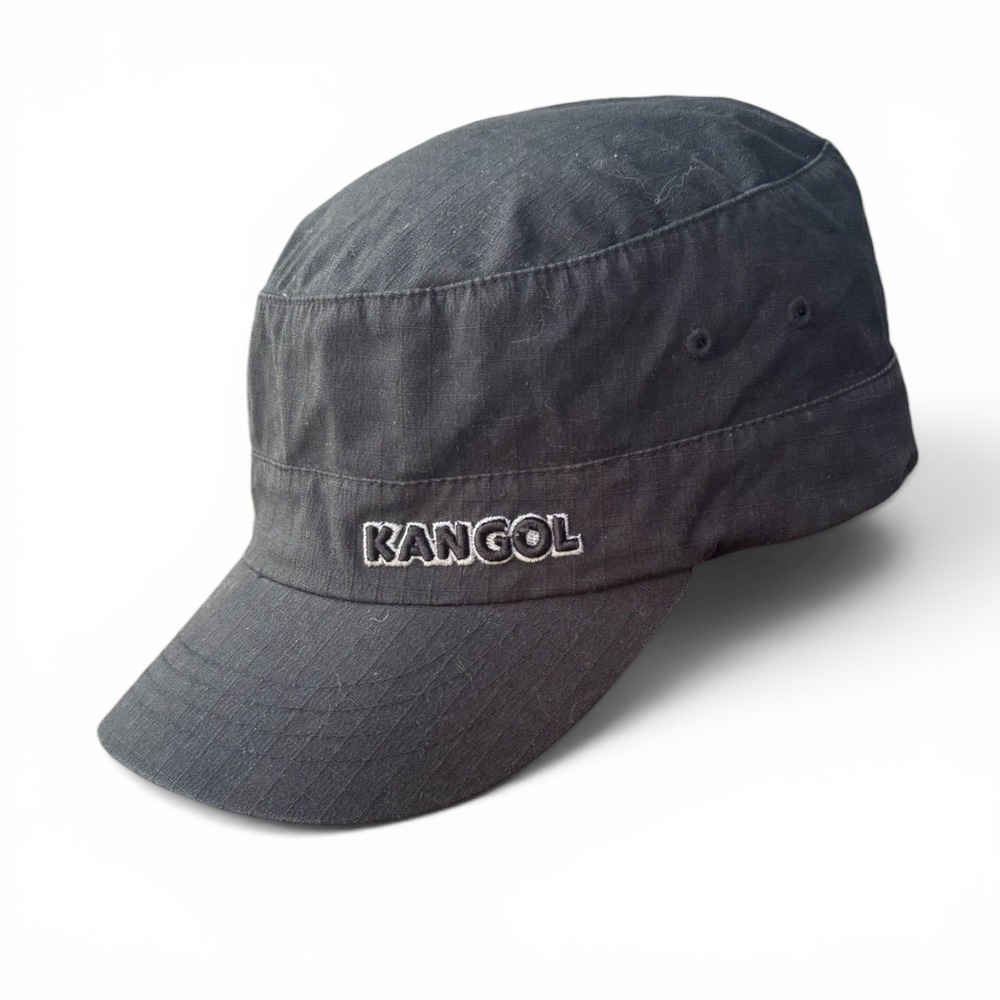 Kangol Black Ripstop Cotton Cadet Military Hat with Side Pocket Flat Top Cap